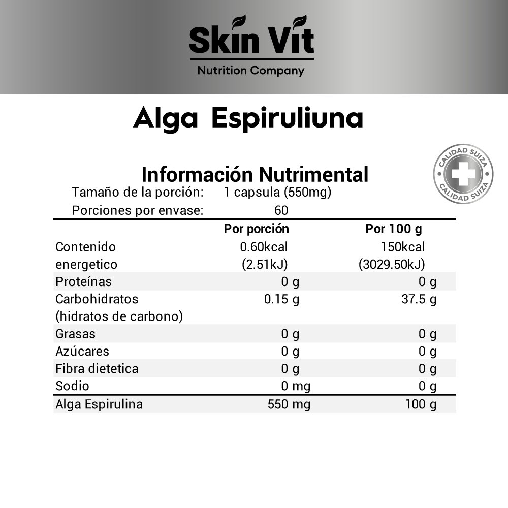 Alga Spirulina Skin Vit 60 Cápsulas de 550 mg Recibe Xpress
