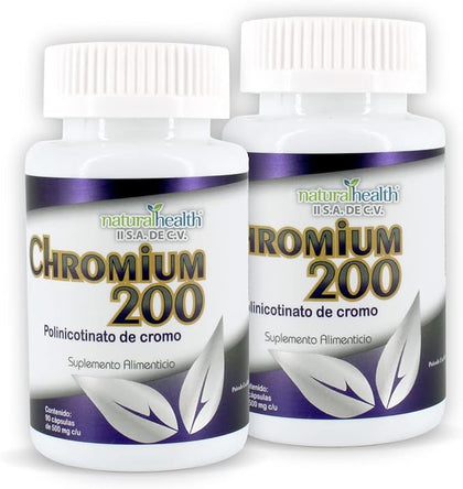 CHROMIUM 200, 2 FRASCO CON 90 CÁPSULAS 500 MG C/U. Polinicotinato de Cromo 200. (2).
