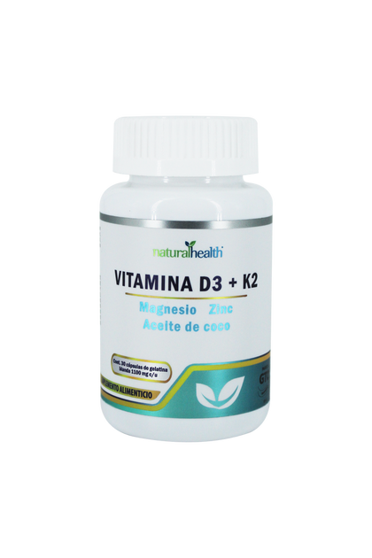 Vitamina D3+K2+Magnesio+Zinc+Aceite de Coco Natural Health 30 Capsulas