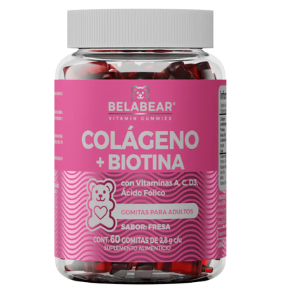 Colágeno + Biotina Vitamina A, C, D, Belabear sabor Fresa 60 Gomitas